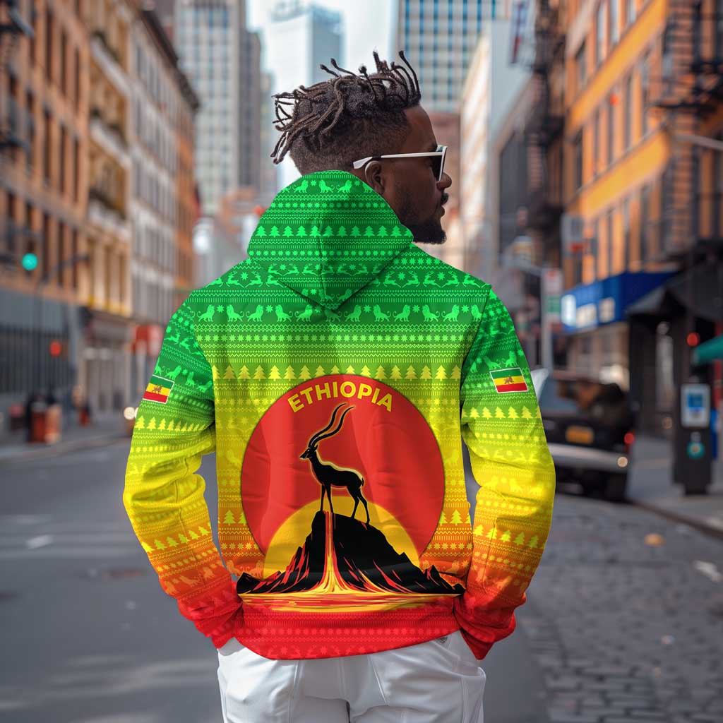 Ethiopia Christmas Hoodie Mountain Gazelle Sunset Ethiopian Flag - African Pride