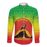 Ethiopia Christmas Long Sleeve Button Shirt Mountain Gazelle Sunset Ethiopian Flag - African Pride