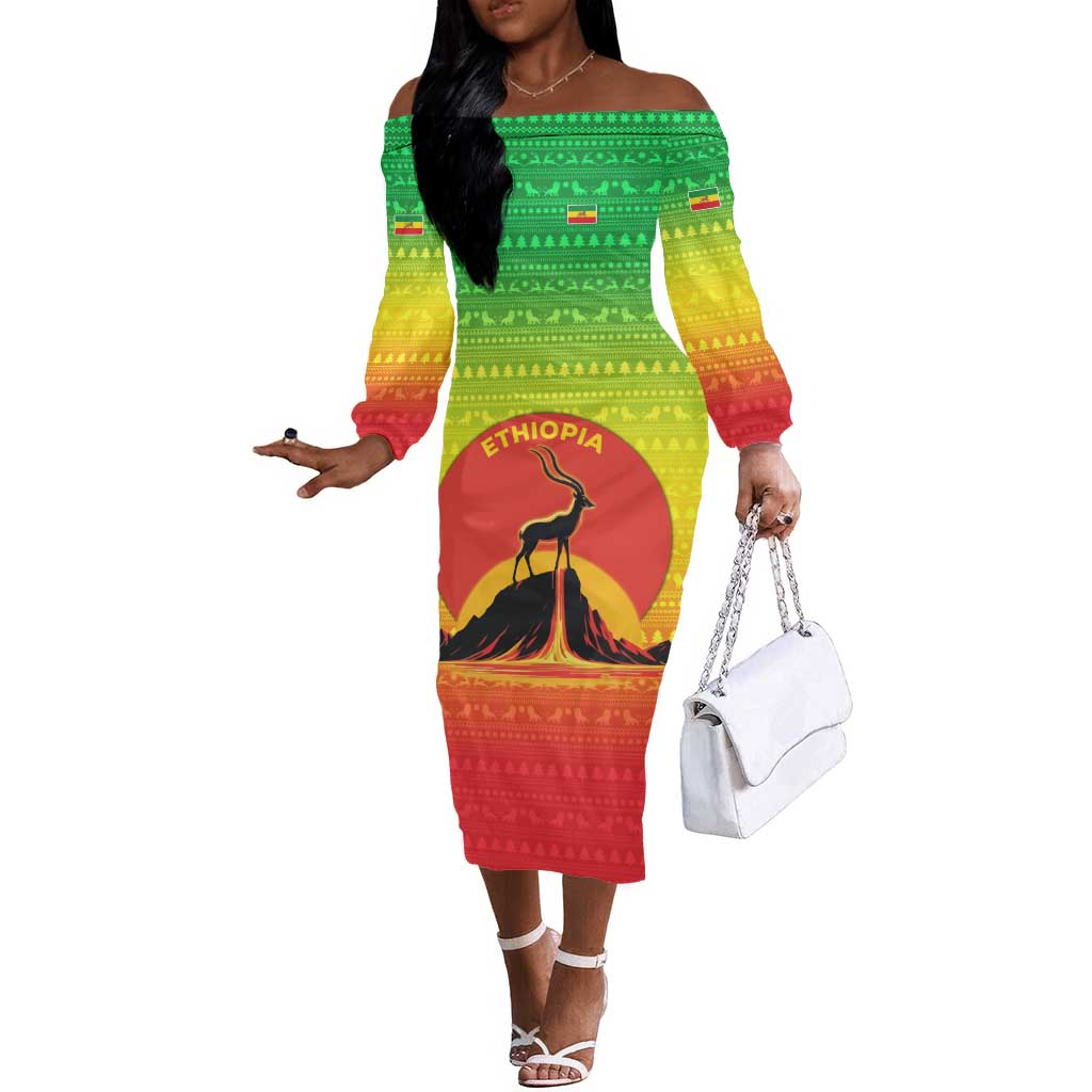 Ethiopia Christmas Off The Shoulder Long Sleeve Dress Mountain Gazelle Sunset Ethiopian Flag - African Pride
