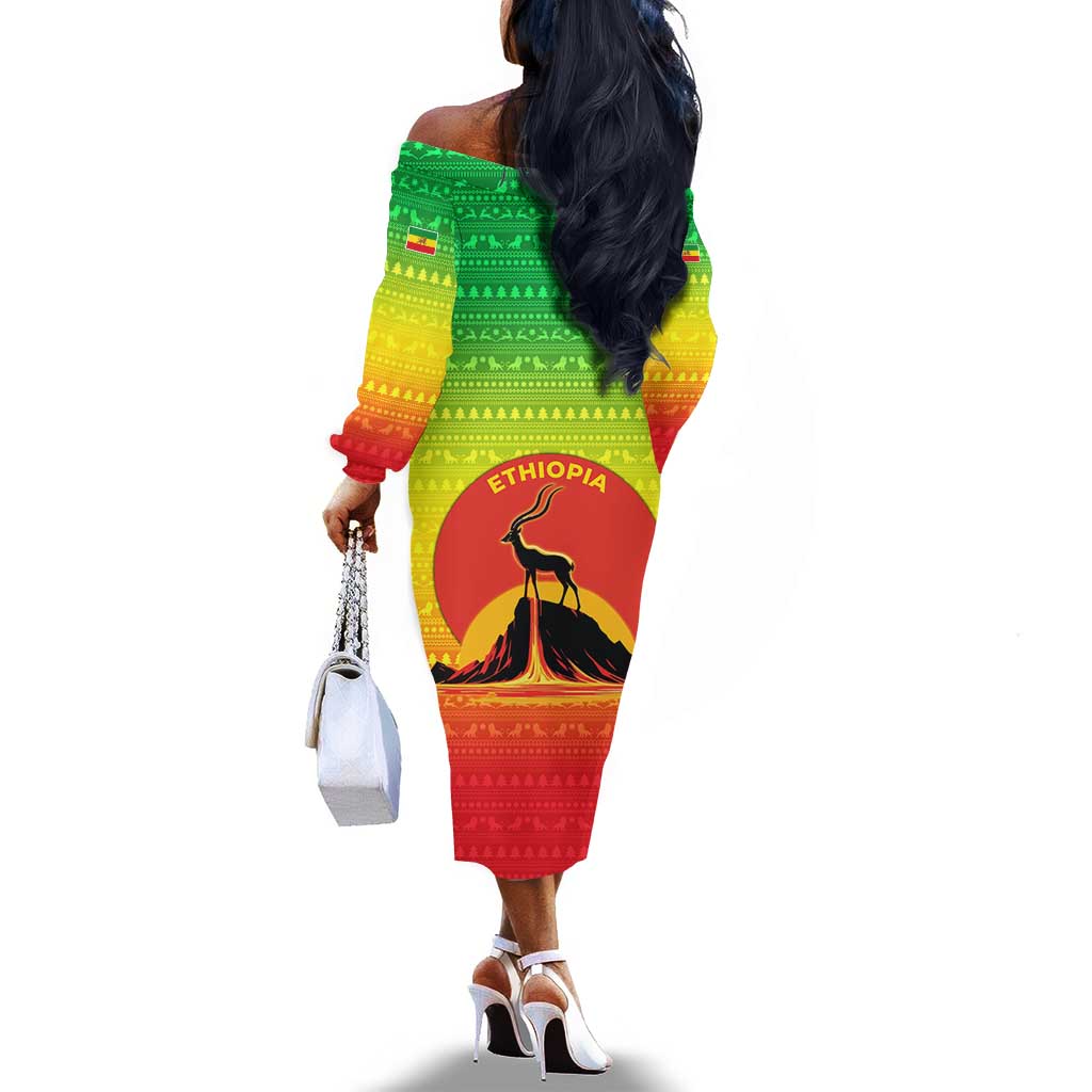Ethiopia Christmas Off The Shoulder Long Sleeve Dress Mountain Gazelle Sunset Ethiopian Flag - African Pride