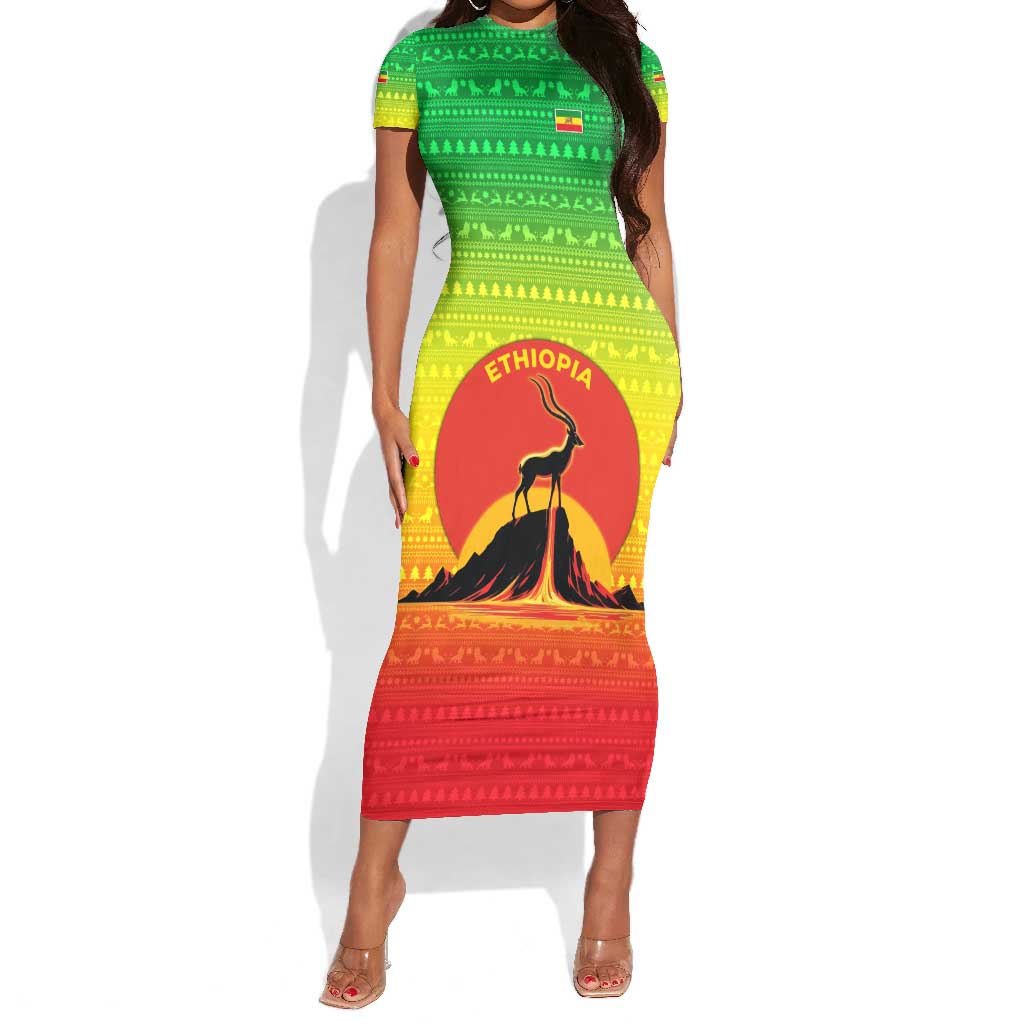 Ethiopia Christmas Short Sleeve Bodycon Dress Mountain Gazelle Sunset Ethiopian Flag - African Pride