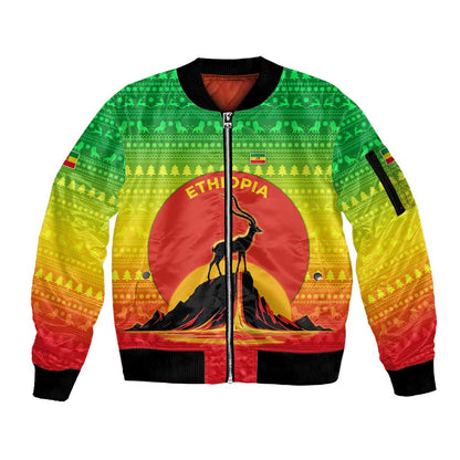Ethiopia Christmas Sleeve Zip Bomber Jacket Mountain Gazelle Sunset Ethiopian Flag - African Pride