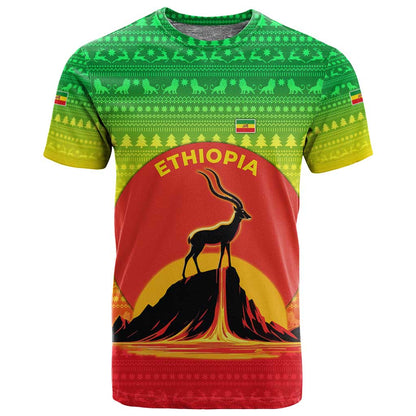 Ethiopia Christmas T shirt Mountain Gazelle Sunset Ethiopian Flag - African Pride