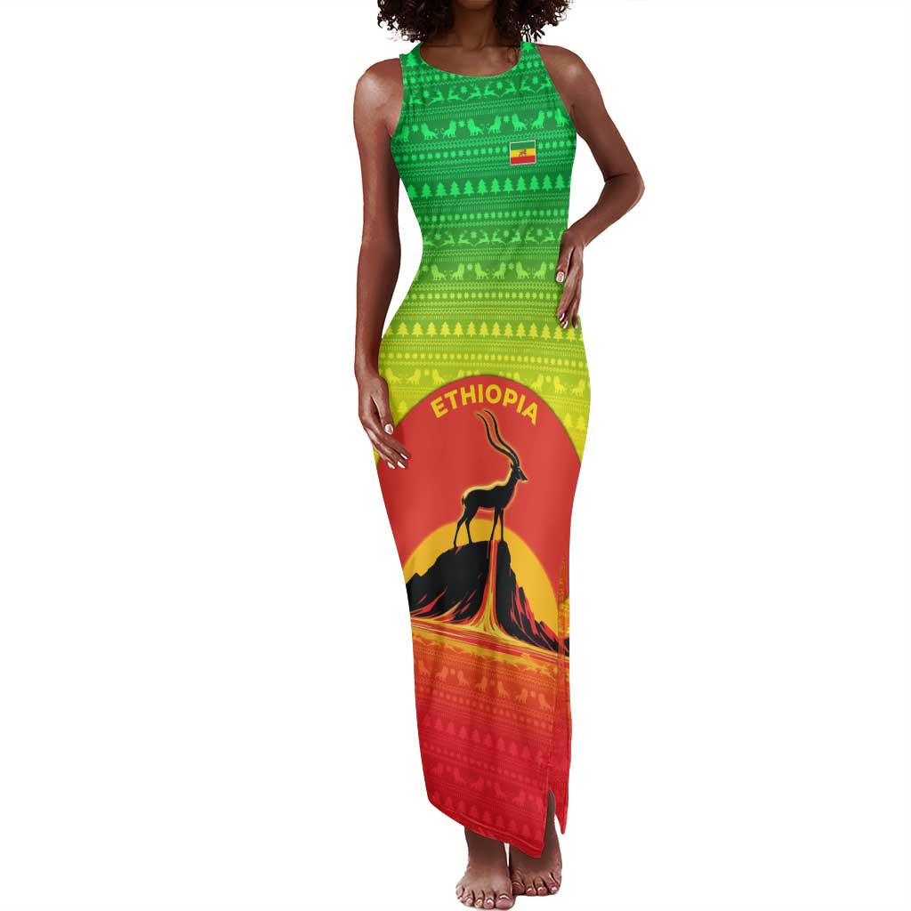 Ethiopia Christmas Tank Maxi Dress Mountain Gazelle Sunset Ethiopian Flag - African Pride