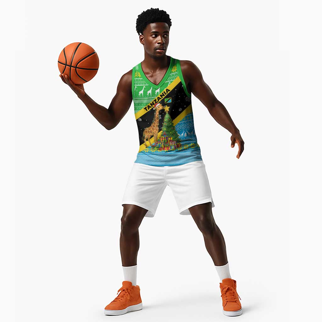 Tanzania Christmas Basketball Jersey Giraffe Christmas Tree Snowflakes and Flag - African Pride