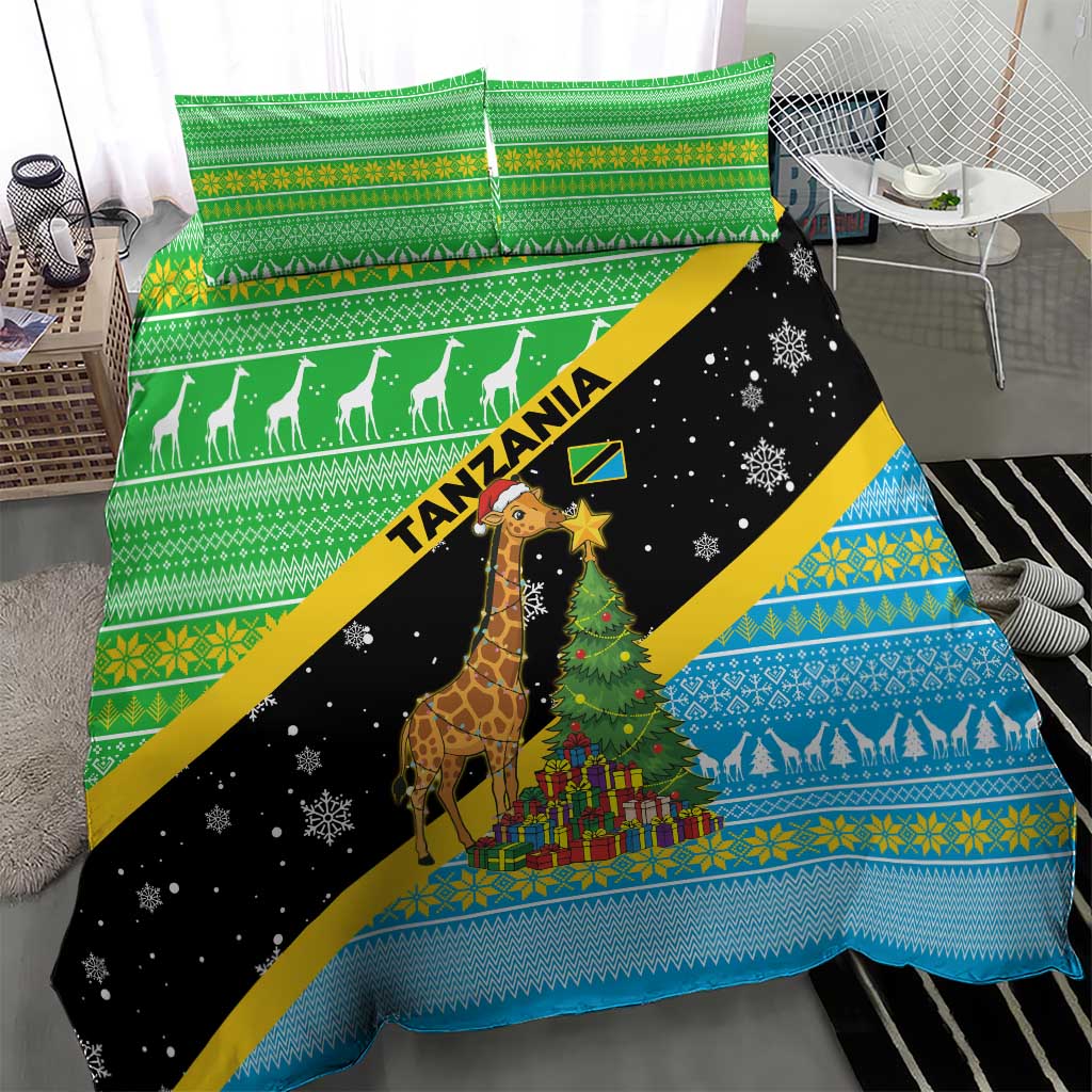 Tanzania Christmas Bedding Set Giraffe Christmas Tree Snowflakes and Flag - African Pride