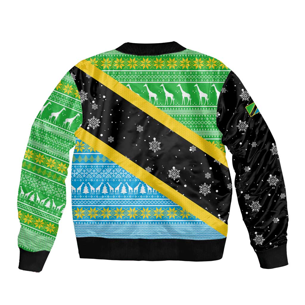 Tanzania Christmas Bomber Jacket Giraffe Christmas Tree Snowflakes and Flag - African Pride