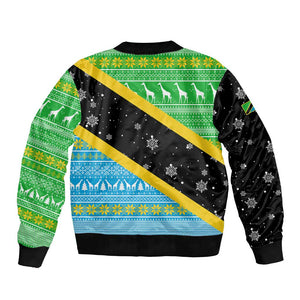Tanzania Christmas Bomber Jacket Giraffe Christmas Tree Snowflakes and Flag - African Pride
