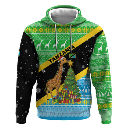 Tanzania Christmas Hoodie Giraffe Christmas Tree Snowflakes and Flag - African Pride