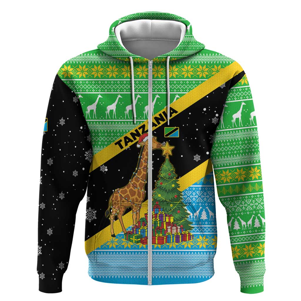 Tanzania Christmas Hoodie Giraffe Christmas Tree Snowflakes and Flag - African Pride