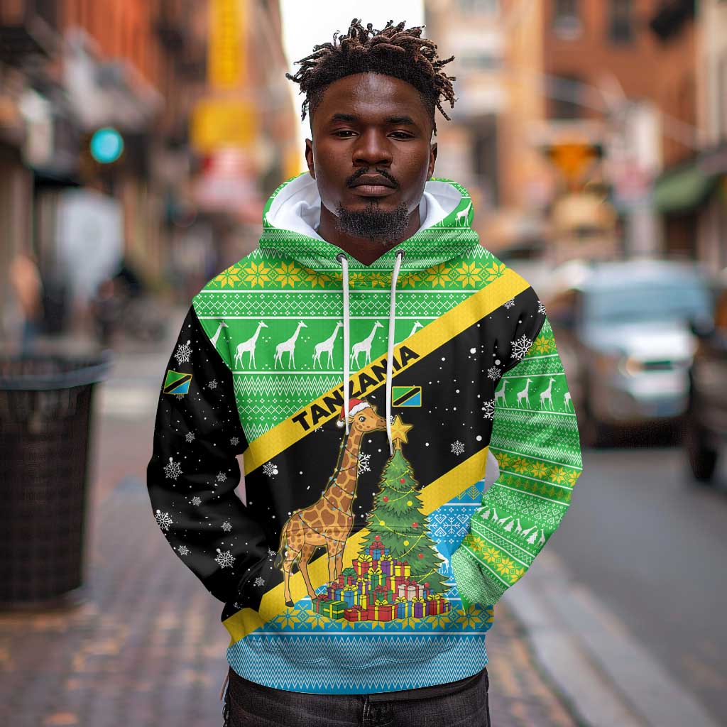 Tanzania Christmas Hoodie Giraffe Christmas Tree Snowflakes and Flag - African Pride