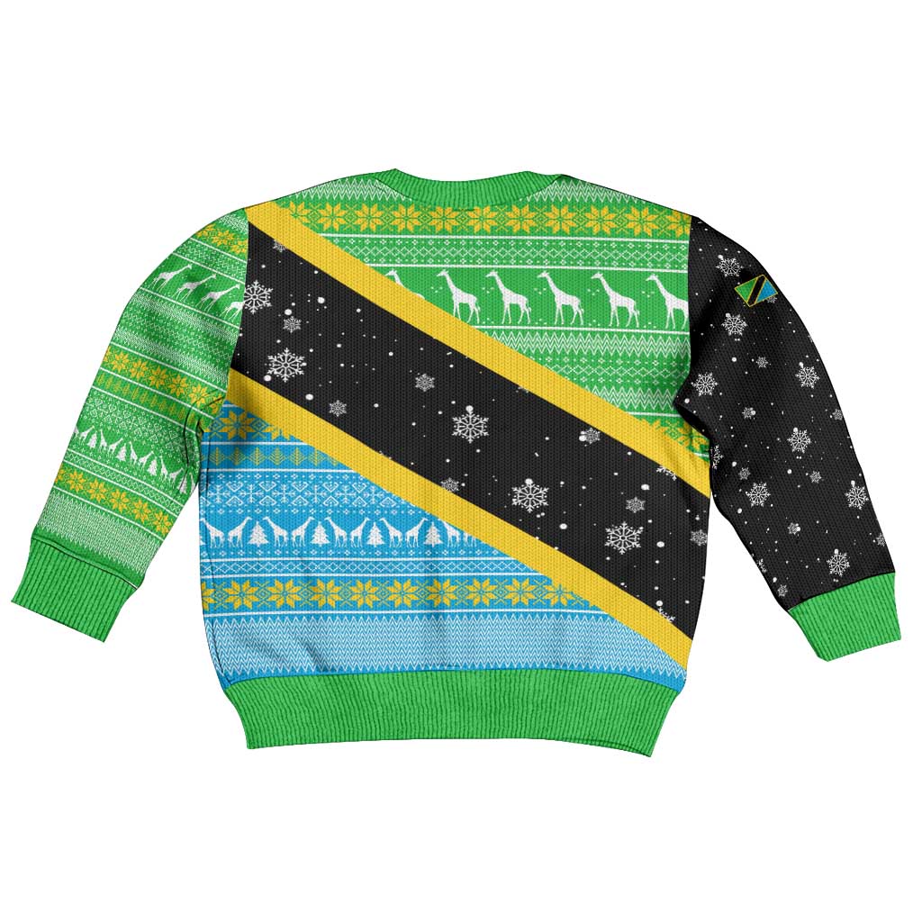 Tanzania Christmas Kid Ugly Christmas Sweater Giraffe Christmas Tree Snowflakes and Flag - African Pride