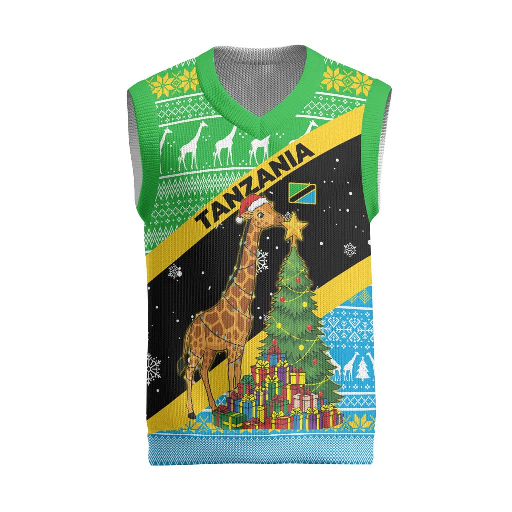 Tanzania Christmas Knitted V-Neck Vest Giraffe Christmas Tree Snowflakes and Flag - African Pride