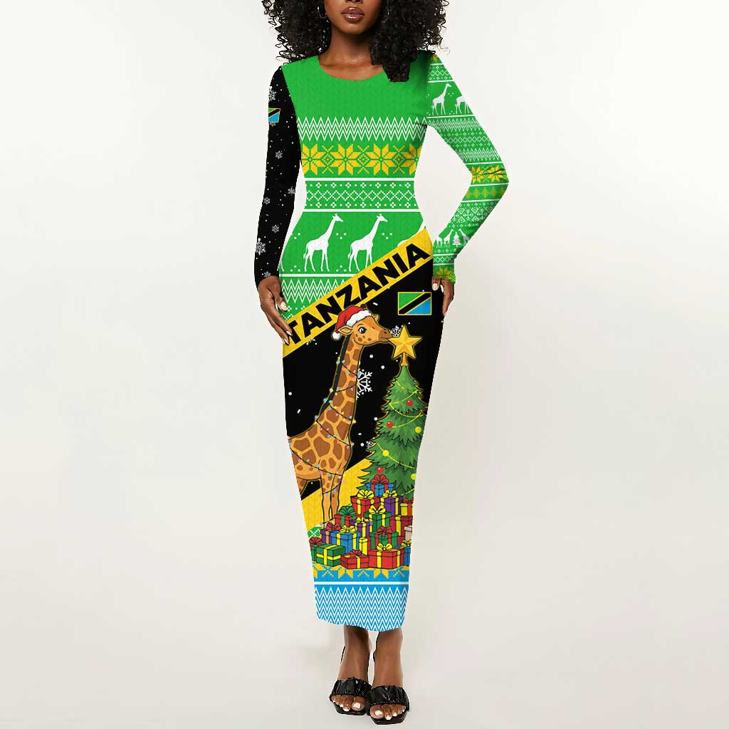 Tanzania Christmas Long Sleeve Bodycon Dress Giraffe Christmas Tree Snowflakes and Flag - African Pride