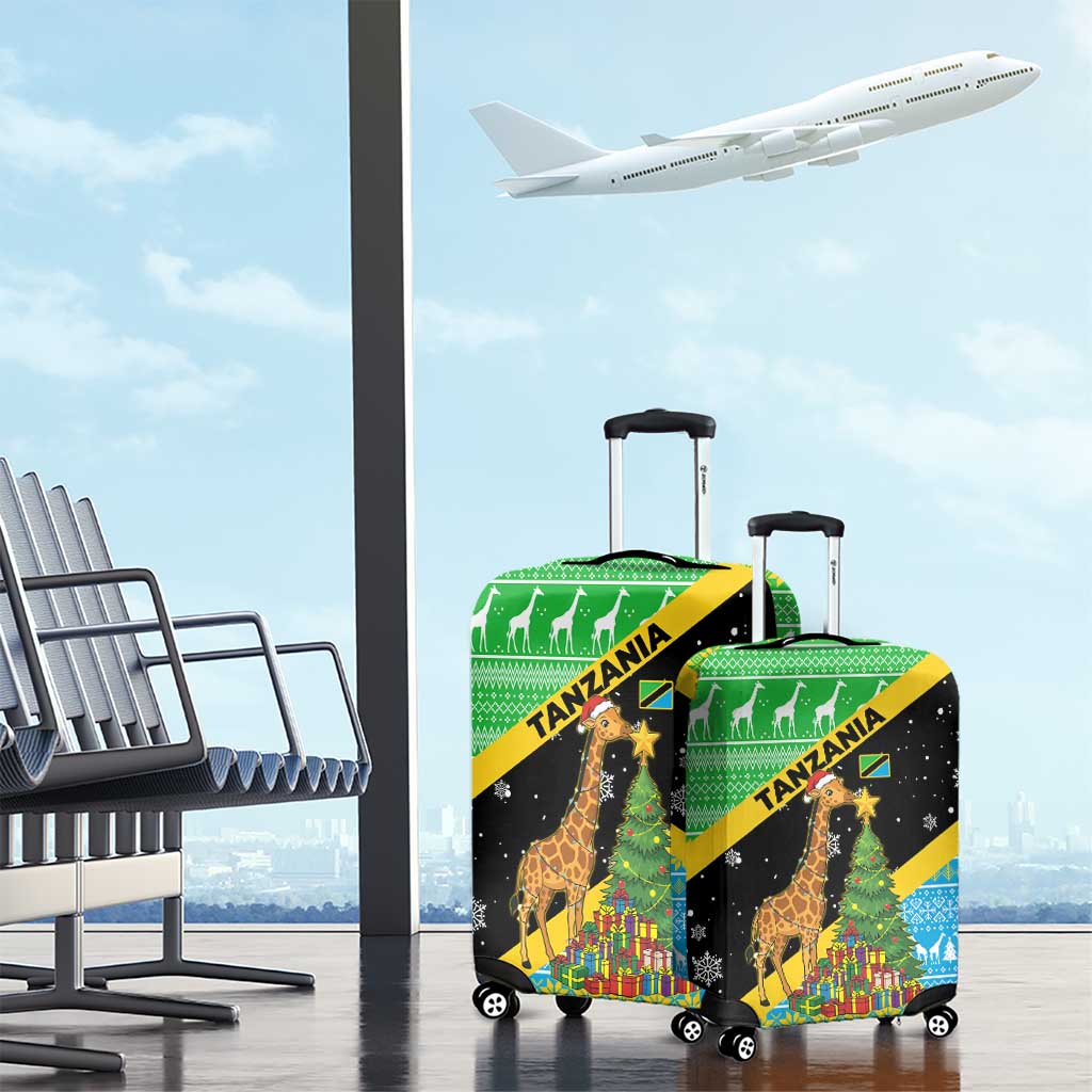Tanzania Christmas Luggage Cover Giraffe Christmas Tree Snowflakes and Flag - African Pride
