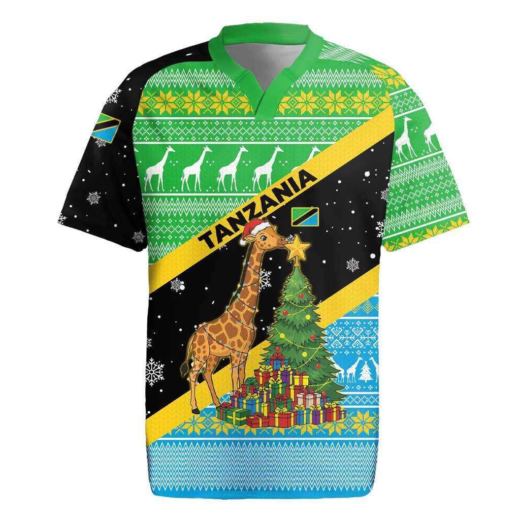 Tanzania Christmas Rugby Jersey Giraffe Christmas Tree Snowflakes and Flag - African Pride
