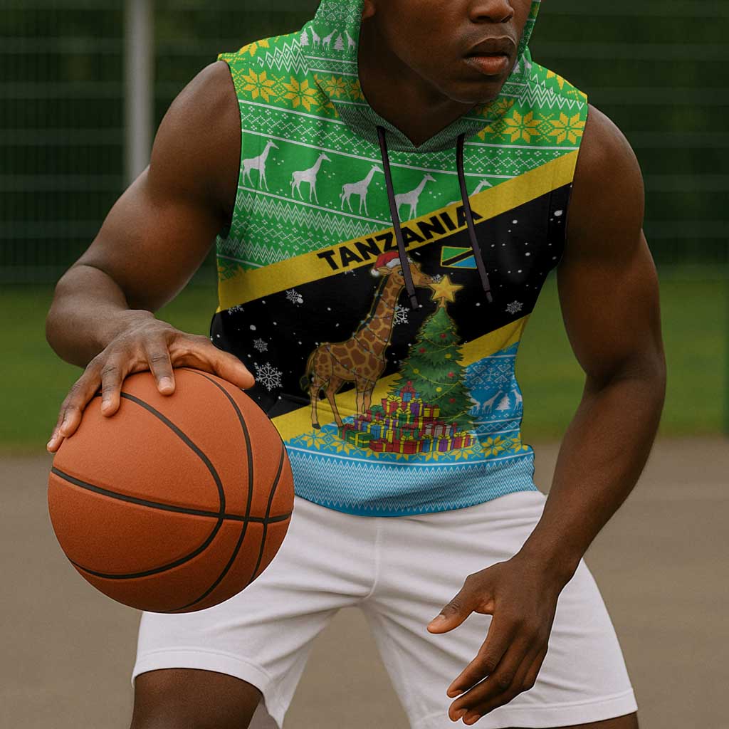 Tanzania Christmas Sleeveless Hoodie Giraffe Christmas Tree Snowflakes and Flag - African Pride