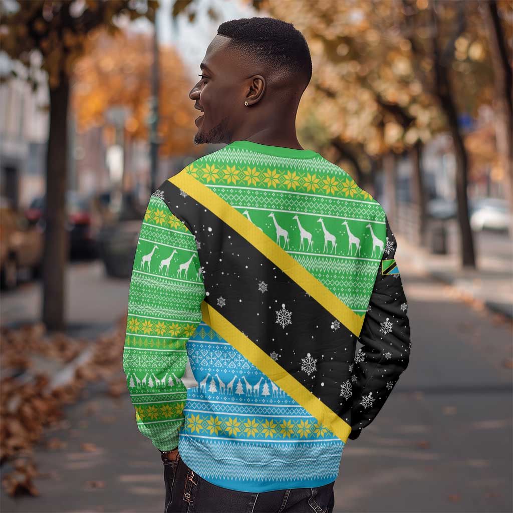 Tanzania Christmas Sweatshirt Giraffe Christmas Tree Snowflakes and Flag - African Pride
