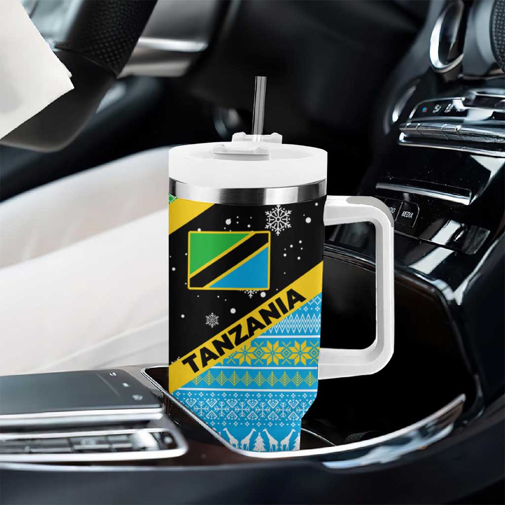 Tanzania Christmas Tumbler With Handle Giraffe Christmas Tree Snowflakes and Flag - African Pride