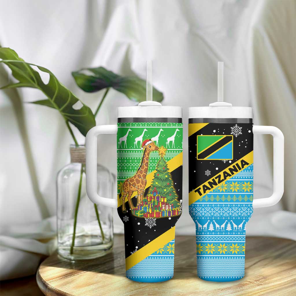 Tanzania Christmas Tumbler With Handle Giraffe Christmas Tree Snowflakes and Flag - African Pride