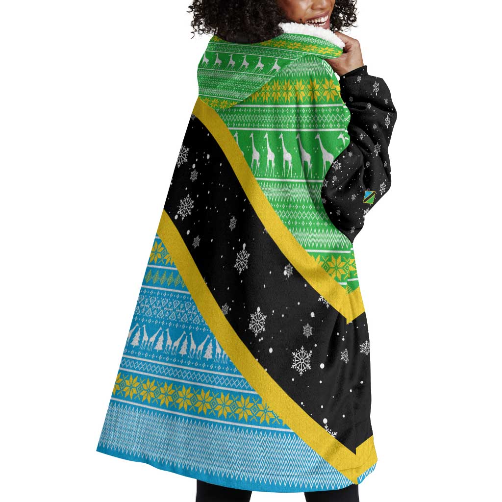 Tanzania Christmas Wearable Blanket Hoodie Giraffe Christmas Tree Snowflakes and Flag - African Pride