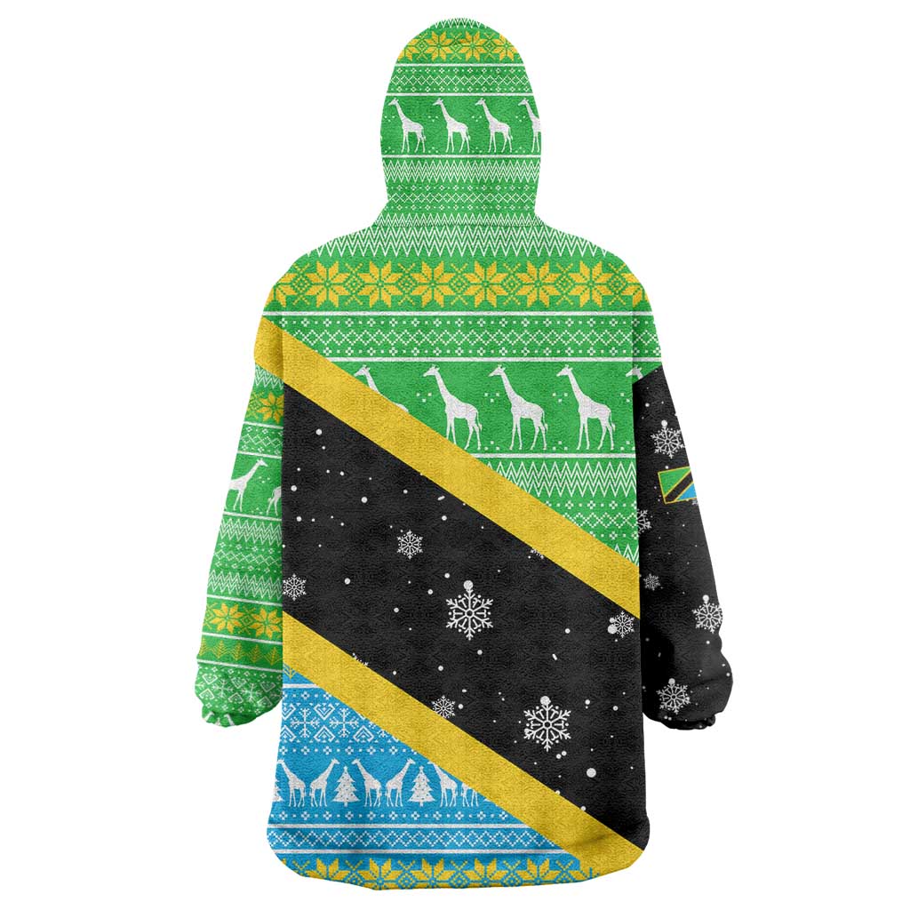 Tanzania Christmas Wearable Blanket Hoodie Giraffe Christmas Tree Snowflakes and Flag - African Pride