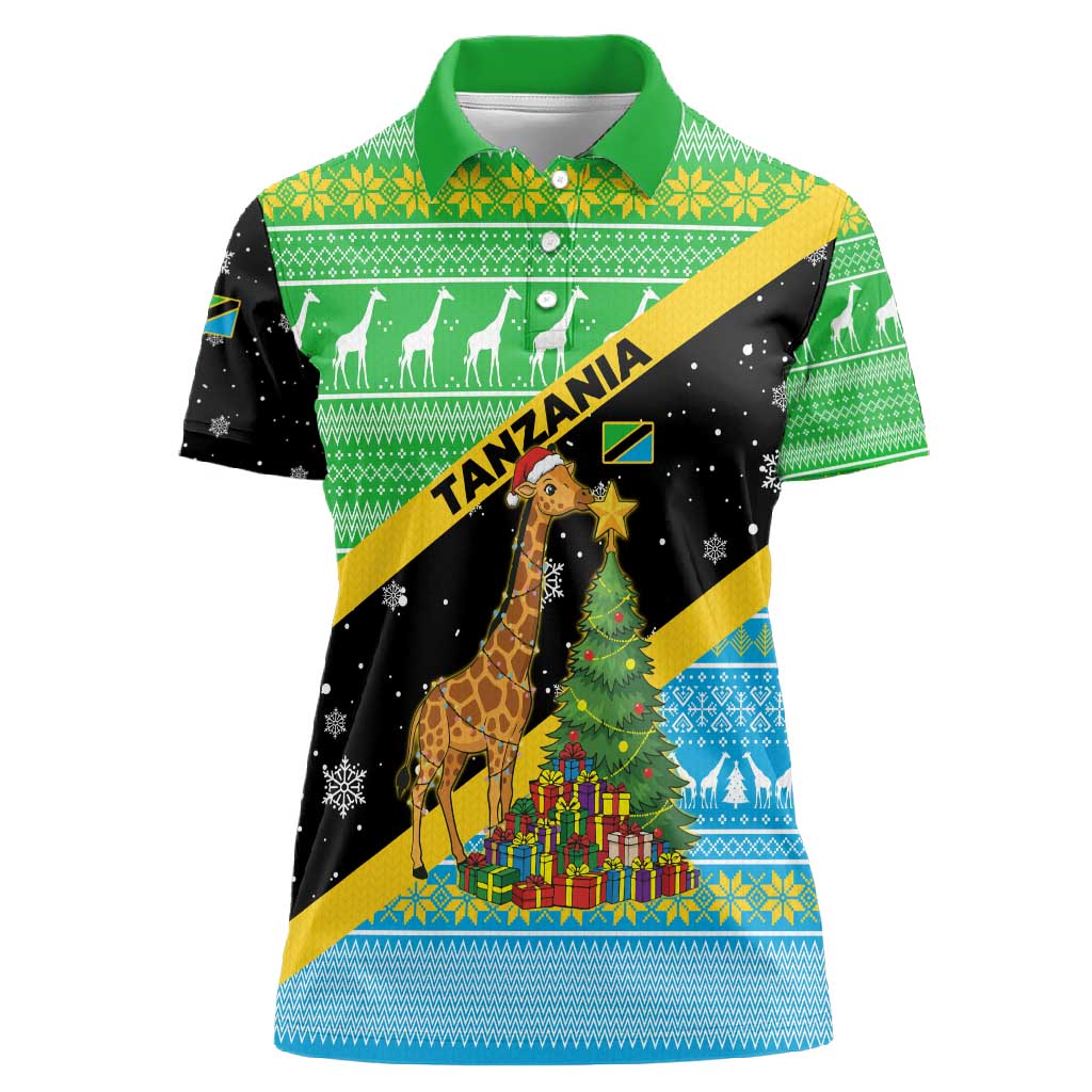 Tanzania Christmas Women Polo Shirt Giraffe Christmas Tree Snowflakes and Flag - African Pride