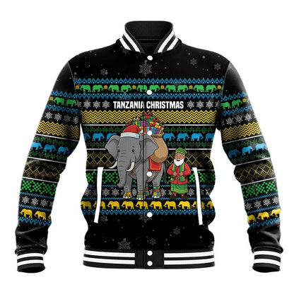 Tanzania Christmas Baseball Jacket African Santa Riding Elephant Snowflakes - African Pride
