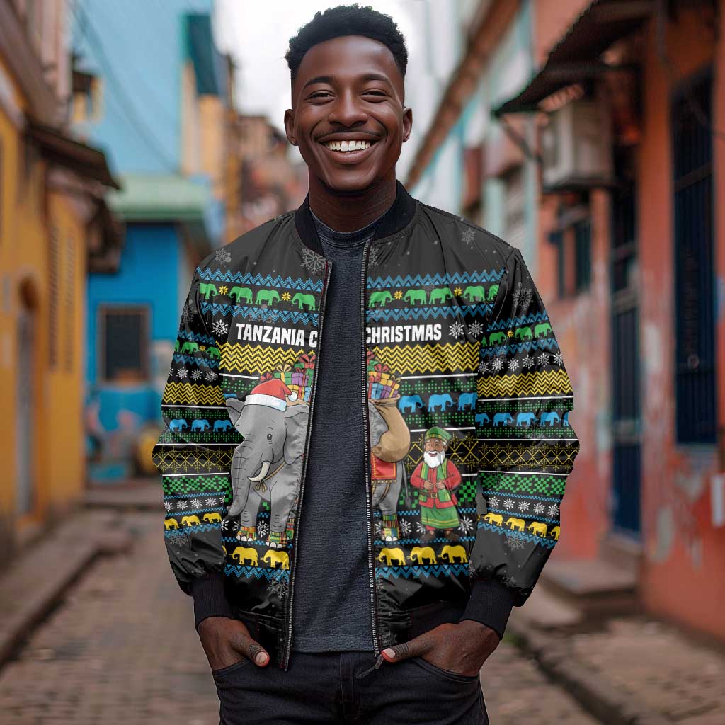 Tanzania Christmas Bomber Jacket African Santa Riding Elephant Snowflakes - African Pride