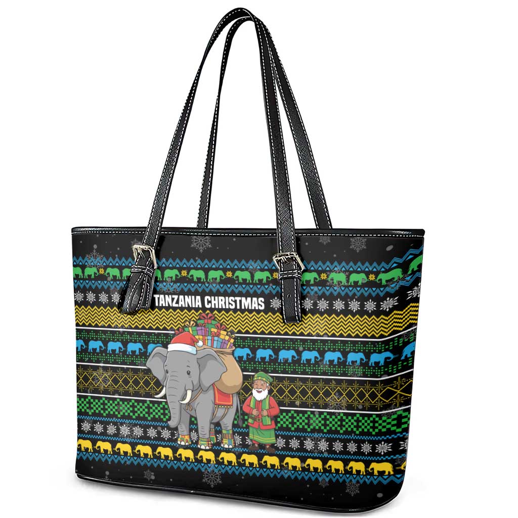 Tanzania Christmas Leather Tote Bag African Santa Riding Elephant Snowflakes - African Pride