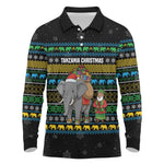 Tanzania Christmas Long Sleeve Polo Shirt African Santa Riding Elephant Snowflakes - African Pride