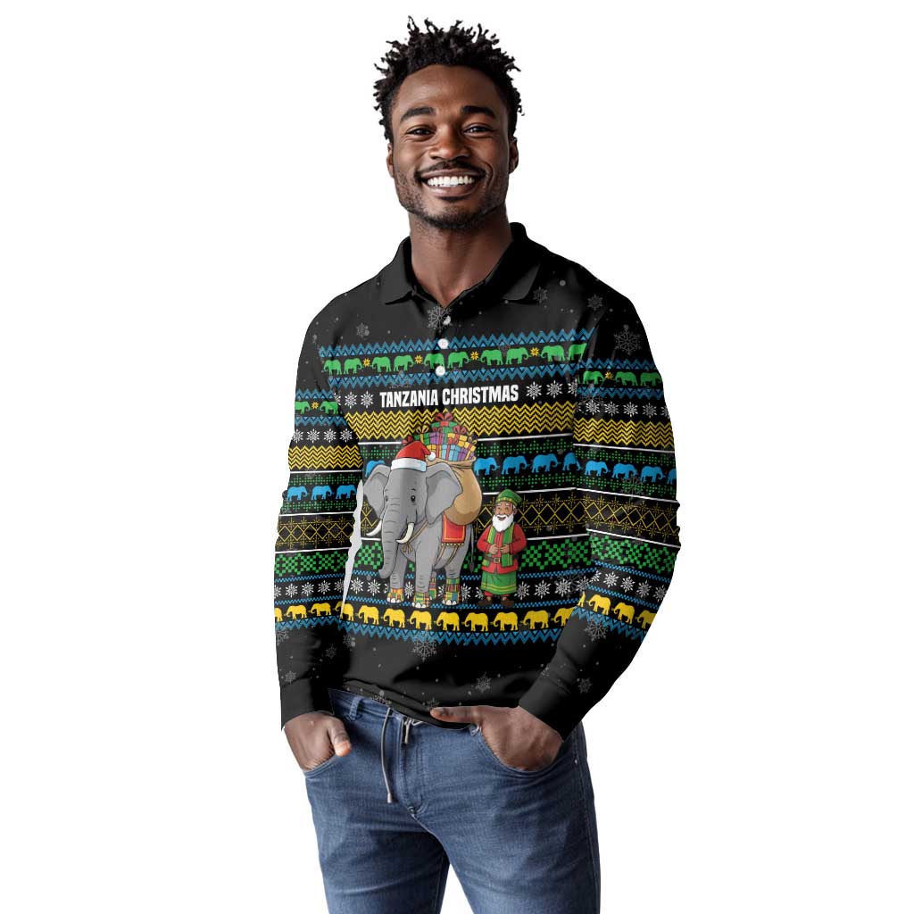 Tanzania Christmas Long Sleeve Polo Shirt African Santa Riding Elephant Snowflakes - African Pride