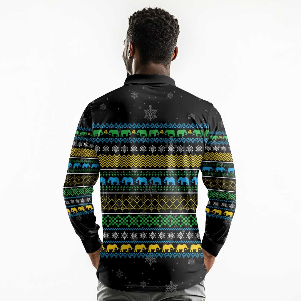 Tanzania Christmas Long Sleeve Polo Shirt African Santa Riding Elephant Snowflakes - African Pride