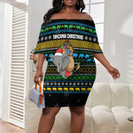 Tanzania Christmas Off Shoulder Short Dress African Santa Riding Elephant Snowflakes - African Pride
