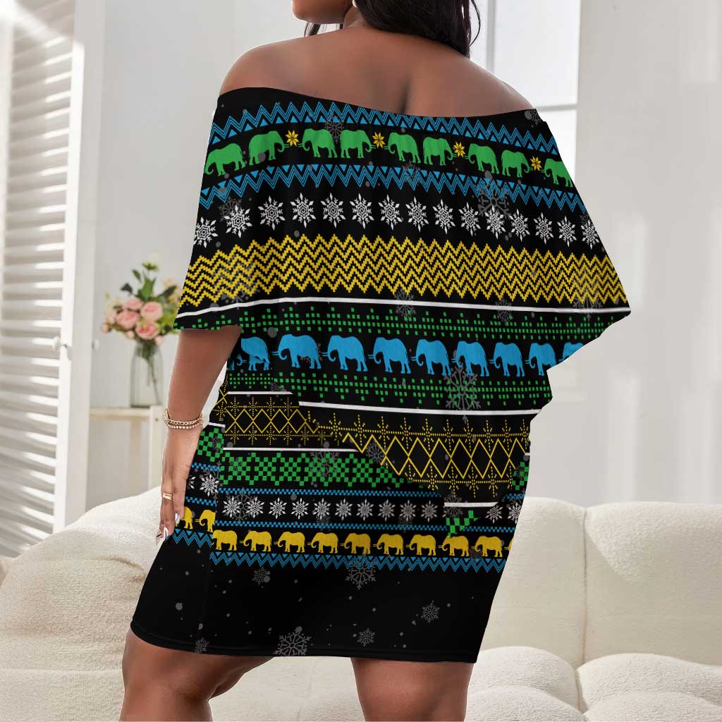 Tanzania Christmas Off Shoulder Short Dress African Santa Riding Elephant Snowflakes - African Pride