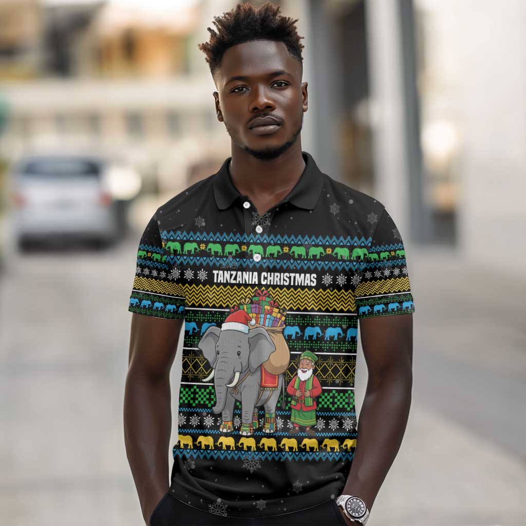 Tanzania Christmas Polo Shirt African Santa Riding Elephant Snowflakes - African Pride
