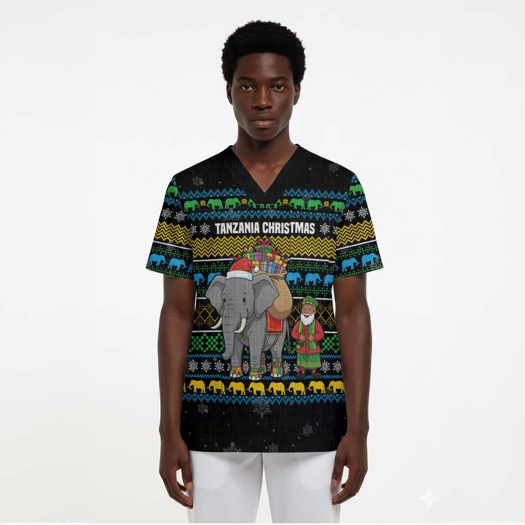 Tanzania Christmas Scrub Top African Santa Riding Elephant Snowflakes - African Pride