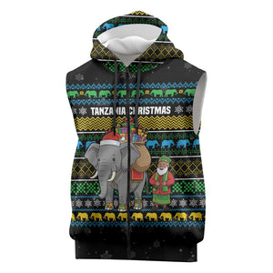 Tanzania Christmas Sleeveless Zip Hoodie African Santa Riding Elephant Snowflakes - African Pride