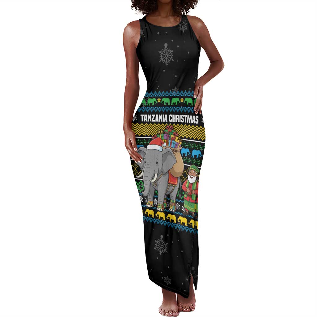 Tanzania Christmas Tank Maxi Dress African Santa Riding Elephant Snowflakes - African Pride