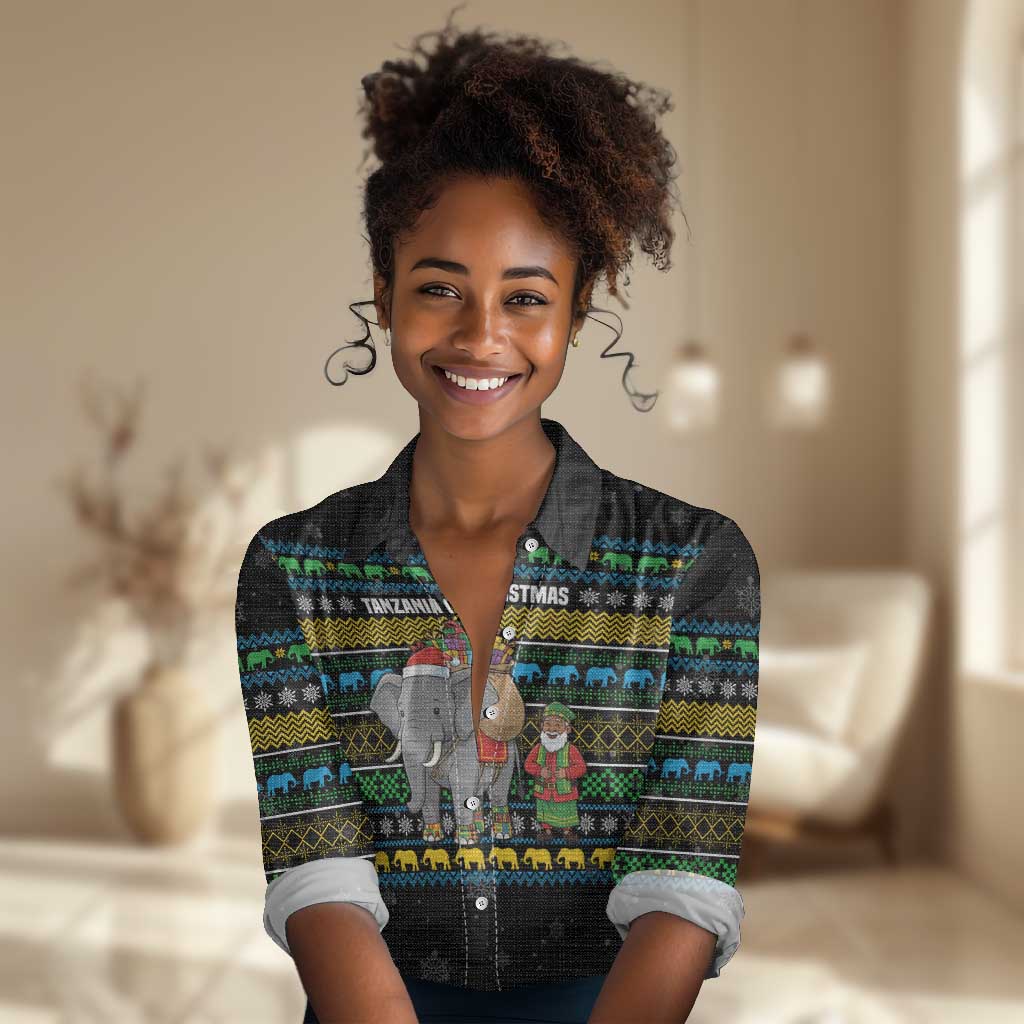 Tanzania Christmas Women Casual Shirt African Santa Riding Elephant Snowflakes - African Pride