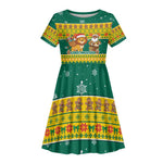 Togo Christmas Kid Short Sleeve Dress African Santa Lion Drummer Gingerbread - African Pride
