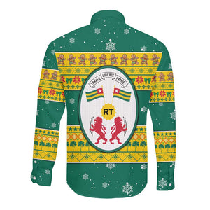 Togo Christmas Long Sleeve Button Shirt African Santa Lion Drummer Gingerbread - African Pride