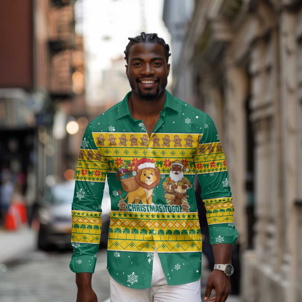 Togo Christmas Long Sleeve Button Shirt African Santa Lion Drummer Gingerbread - African Pride