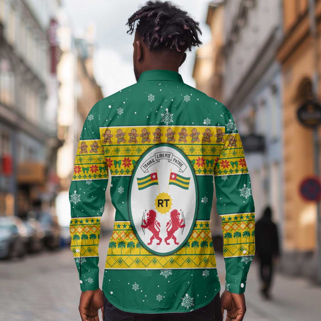 Togo Christmas Long Sleeve Button Shirt African Santa Lion Drummer Gingerbread - African Pride