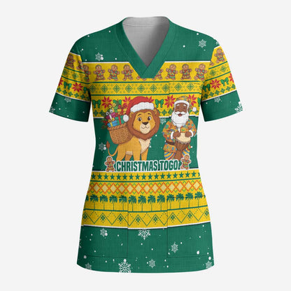 Togo Christmas Scrub Top African Santa Lion Drummer Gingerbread - African Pride