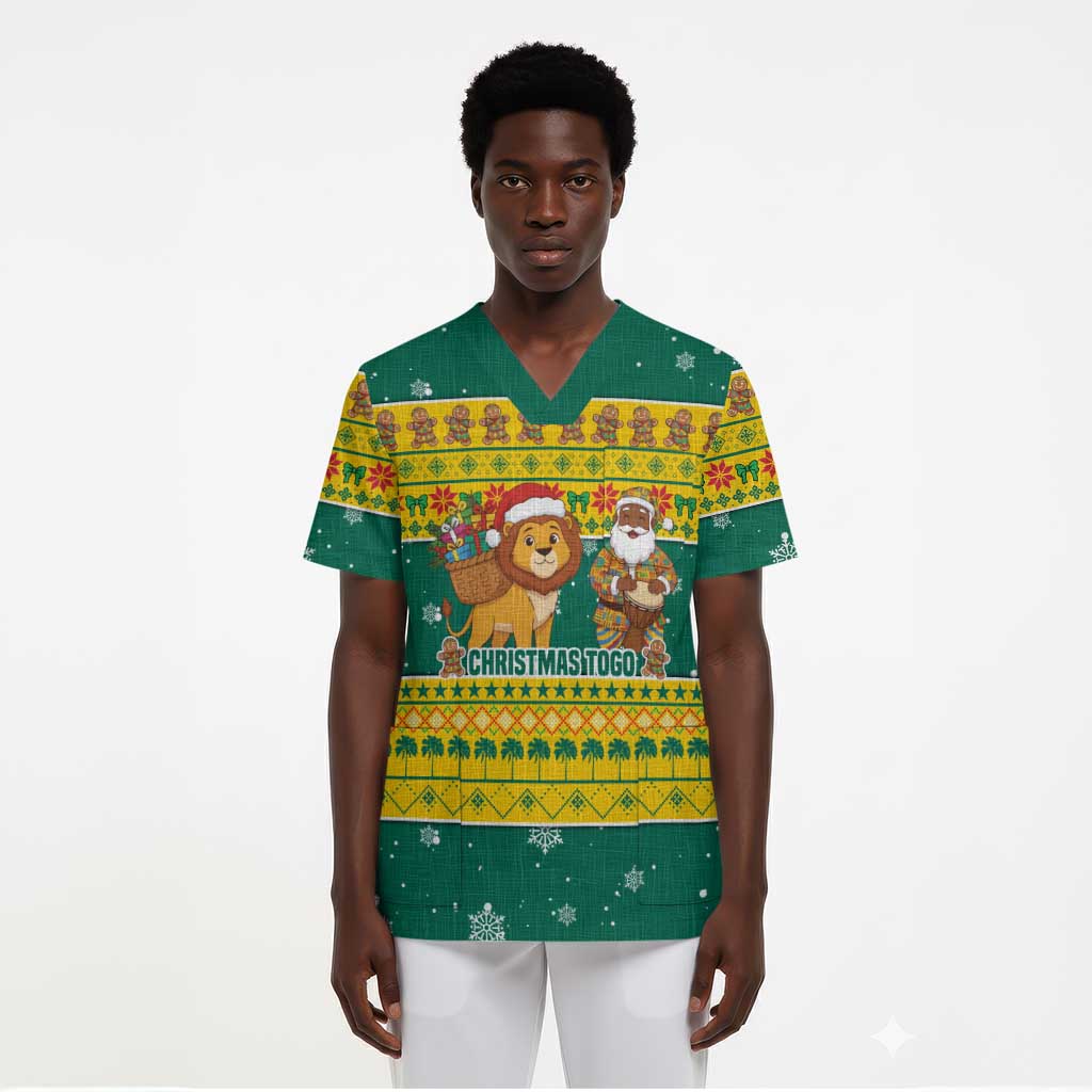 Togo Christmas Scrub Top African Santa Lion Drummer Gingerbread - African Pride