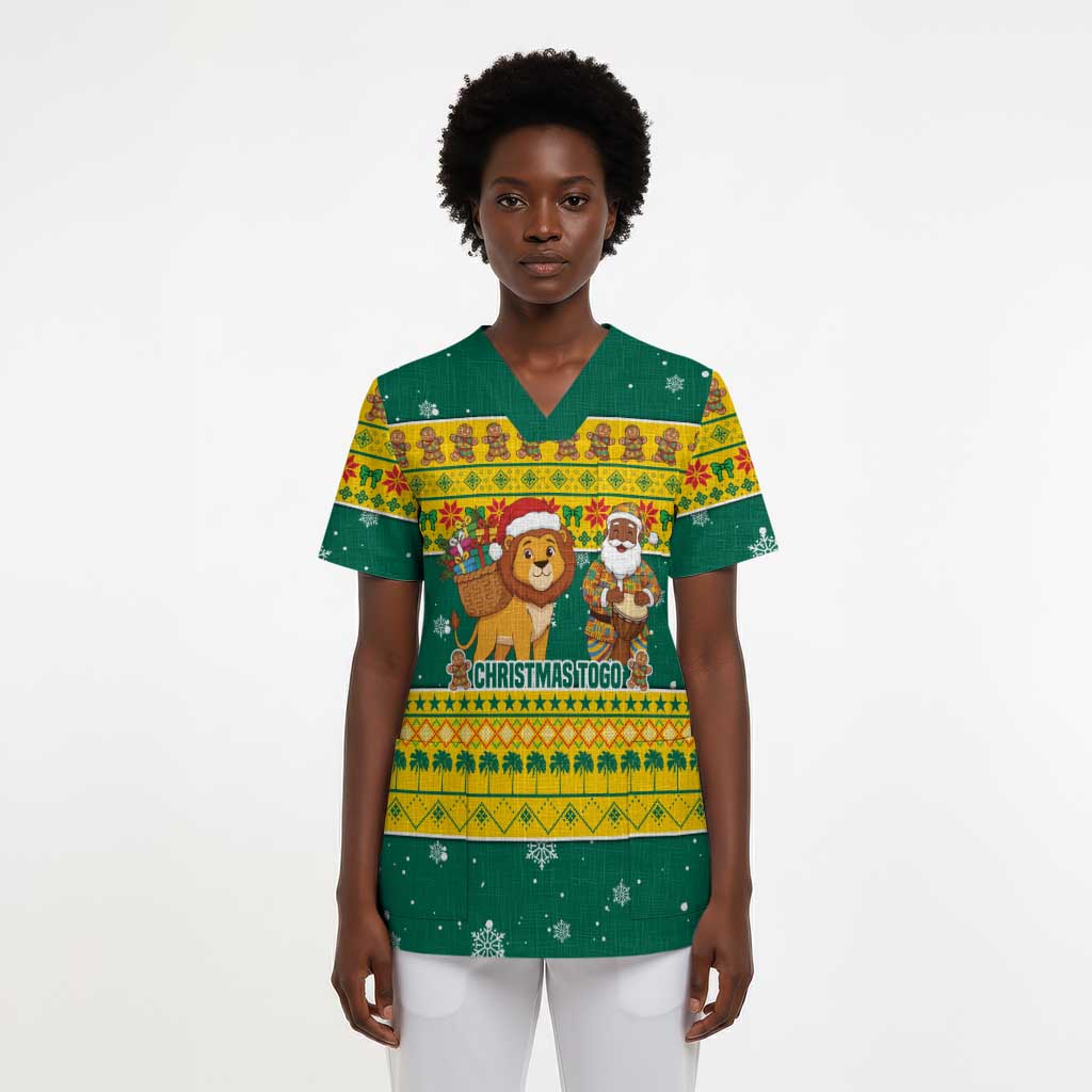 Togo Christmas Scrub Top African Santa Lion Drummer Gingerbread - African Pride