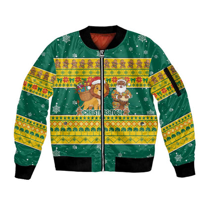 Togo Christmas Sleeve Zip Bomber Jacket African Santa Lion Drummer Gingerbread - African Pride