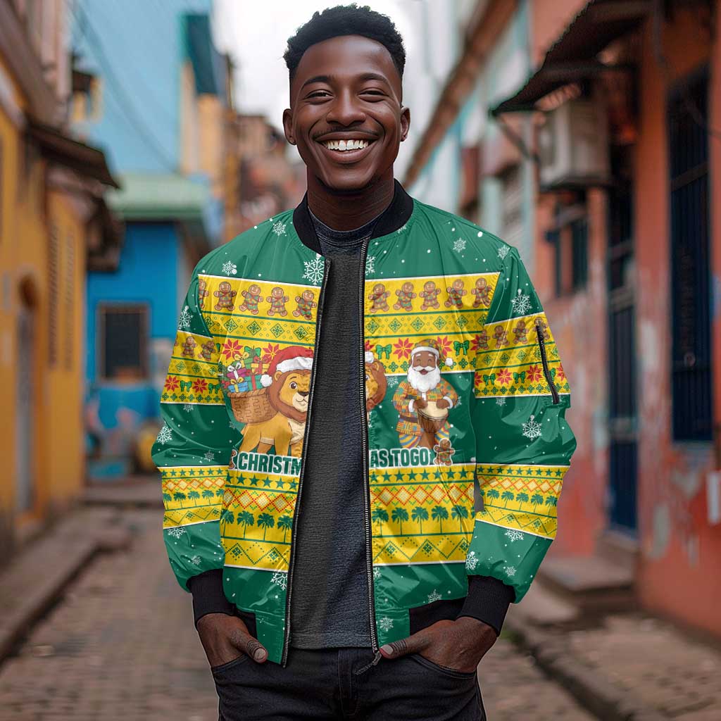 Togo Christmas Sleeve Zip Bomber Jacket African Santa Lion Drummer Gingerbread - African Pride