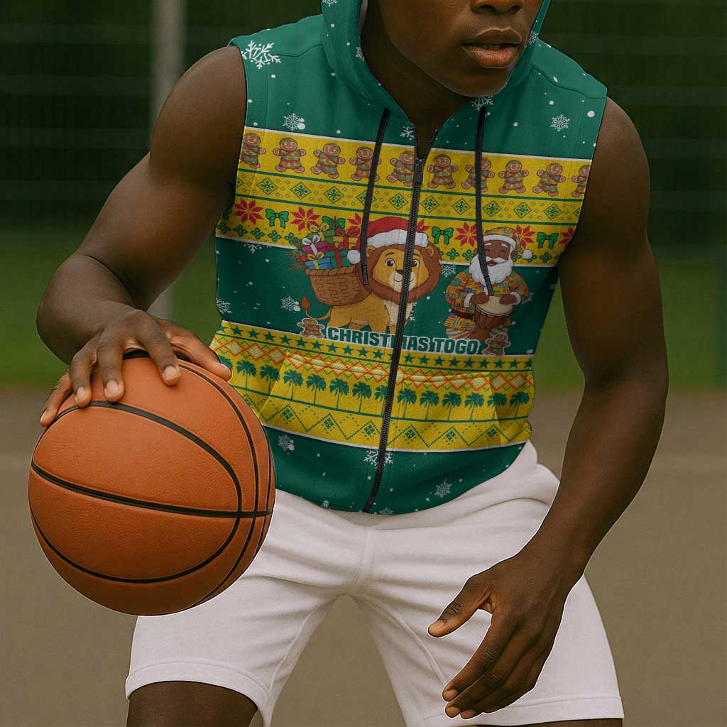 Togo Christmas Sleeveless Zip Hoodie African Santa Lion Drummer Gingerbread - African Pride